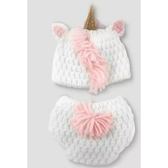 CLOUD ISLAND Unicorn Baby Knit Beanie Hat Diaper Cover Set Infant Photo Op NEW - Picture 2 of 5